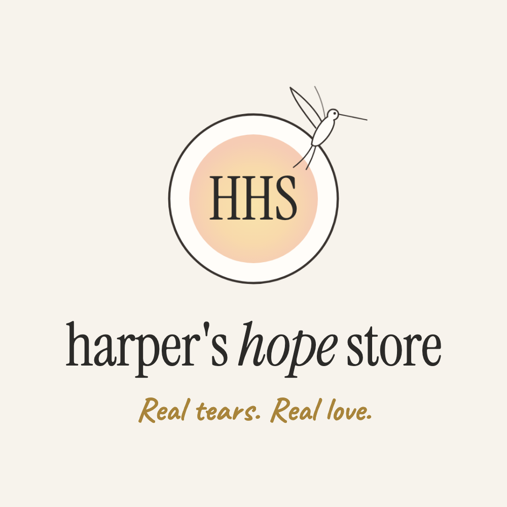 Harper's Hope Store logo: an HHS circle with a soft sunset and a fine-line hummingbird, with the words Real tears. Real love.